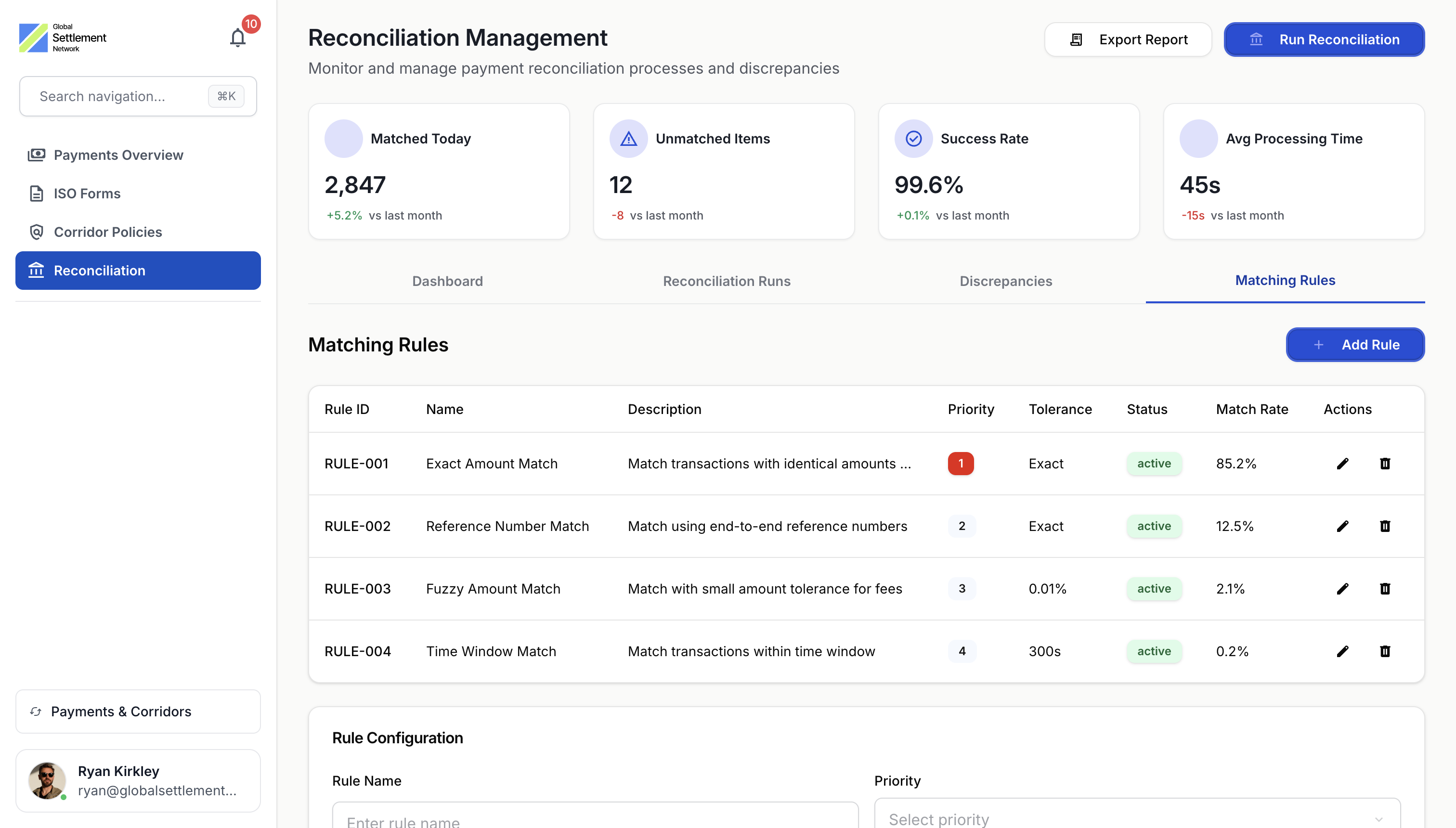Reconciliation and Reporting dashboard with exportable logs