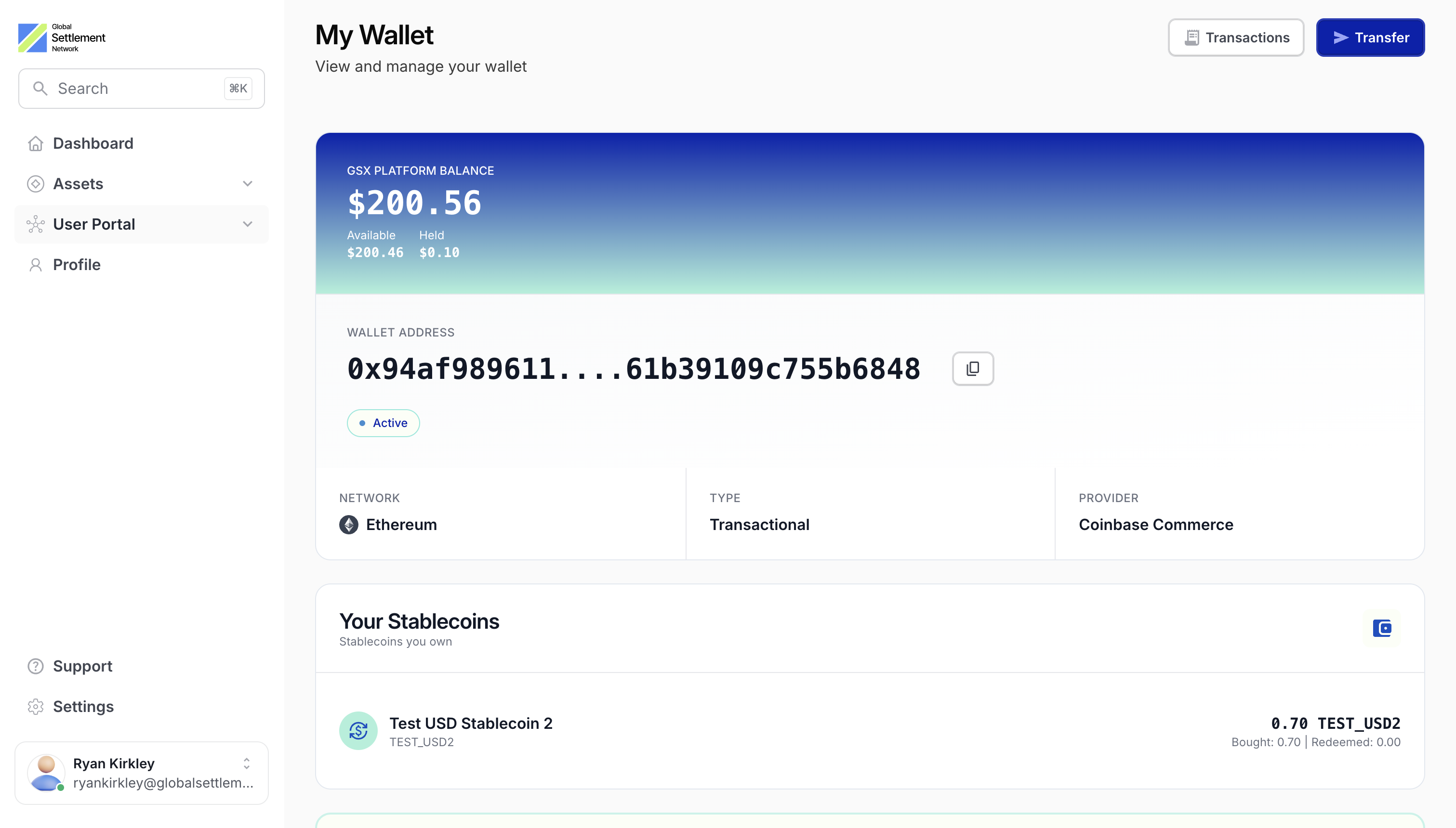 Wallet dashboard showing balances and transaction history